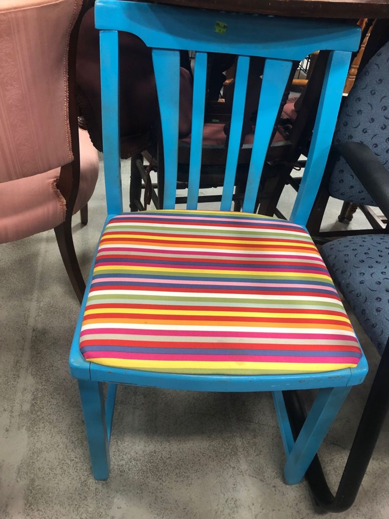 A bold striped chair from our ReStore