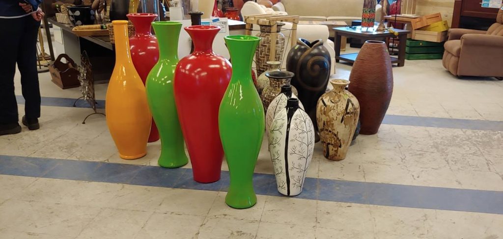 Colourful vases for sale in our ReStores