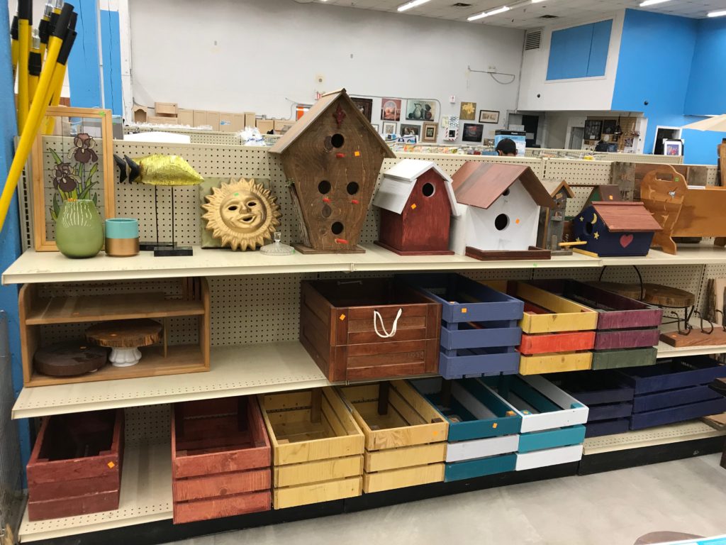 Colourful crates and birdhouses for sale in our Milton ReStore