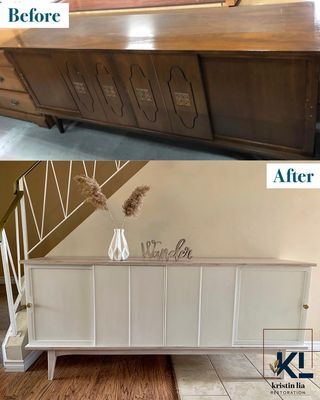 Before and After furniture was upcycled by DIY furniture expert of a furniture purchased in a Habitat ReStore