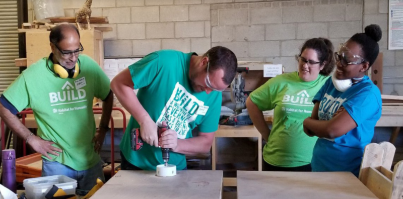 Team building, Group volunteering or Employee engagement in a CSR setting -- crafting wood pieces into upcycled or revived woodcraft items at Habitat HMD's ReVive Centre